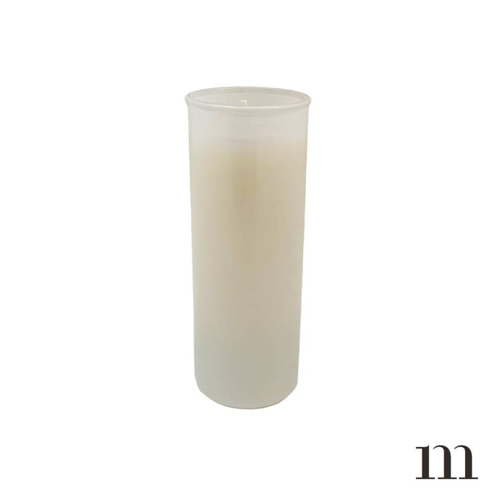 2 oz white soy wax votive candle in a tall, frosted glass cylinder container.