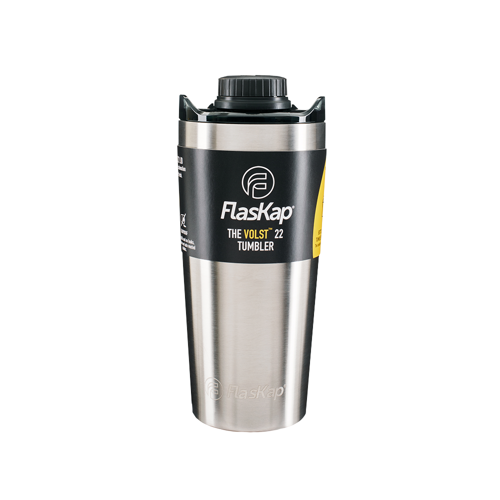 Volst 22 tumbler with double-wall insulation in matte black finish featuring a threaded bottle cap lid and internal fill line.