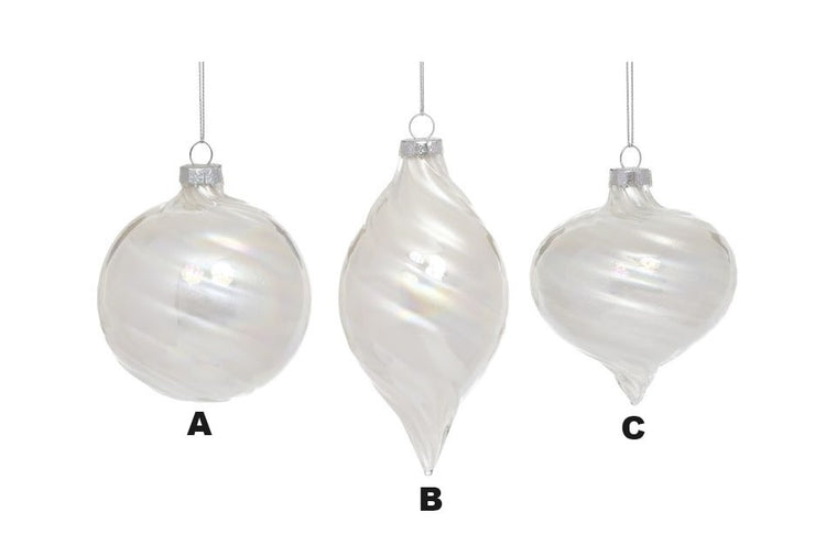 Three white iridescent glass ornaments with a swirl pattern in round, teardrop, and onion shapes.