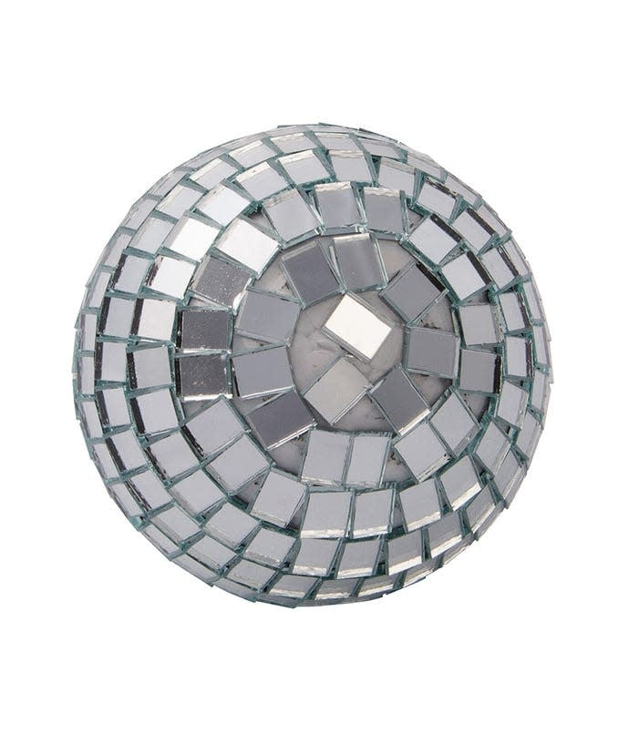 3-inch round glass mirrored disco ball ornament with a reflective mosaic tile pattern.