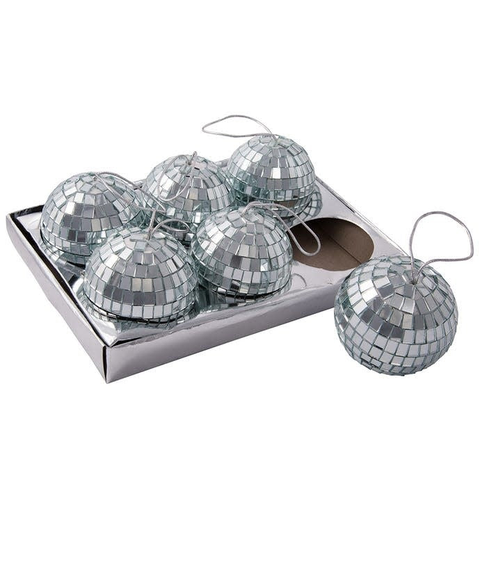Set of six 3-inch glass mirrored disco ball ornaments with silver hanging strings in a box.