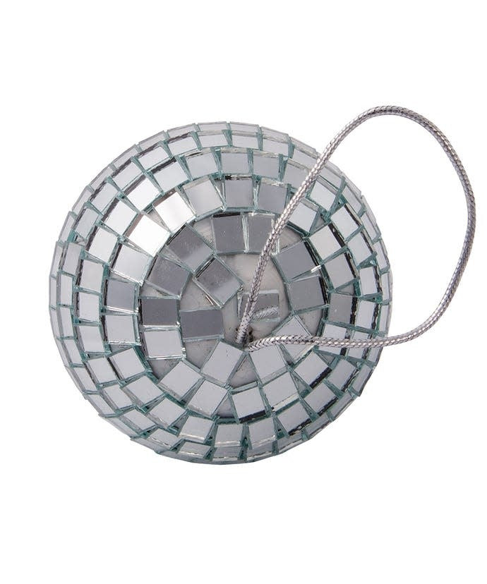 3-inch glass mirrored disco ball ornament with a silver hanging string.
