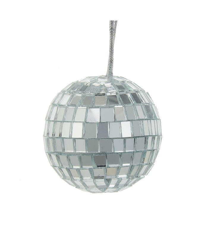 3-inch round glass mirrored disco ball ornament hanging from a silver string.