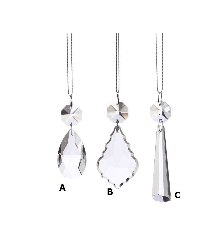 Three clear crystal-style hanging ornaments with faceted jewel tops and distinct drop shapes.