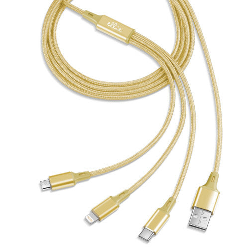 Gold 10-foot 3-in-1 nylon braided charging cable with USB-A, USB-C, and Lightning connectors.