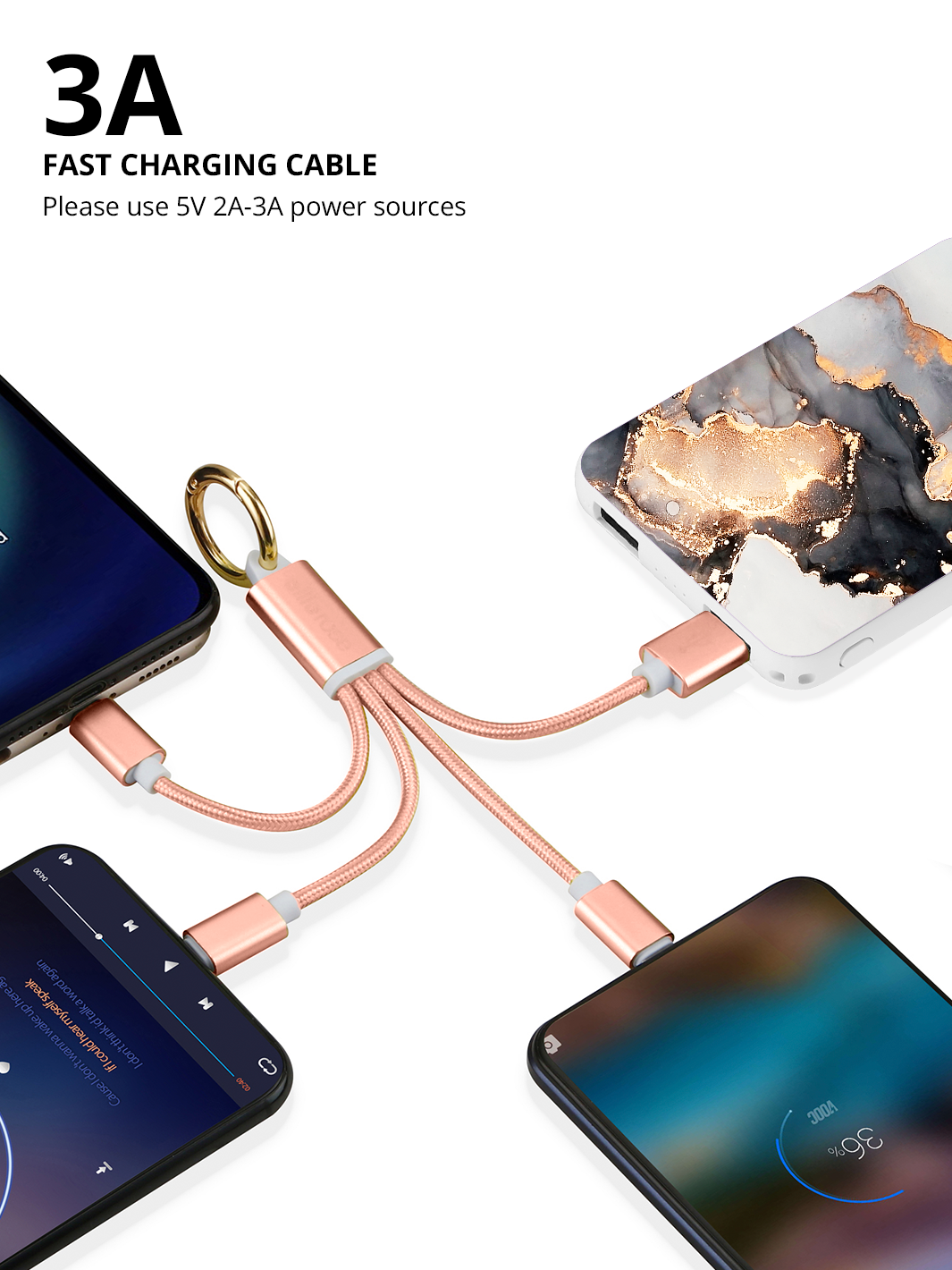 Rose gold 3-in-1 braided charging cable keychain with three connectors charging multiple phones.