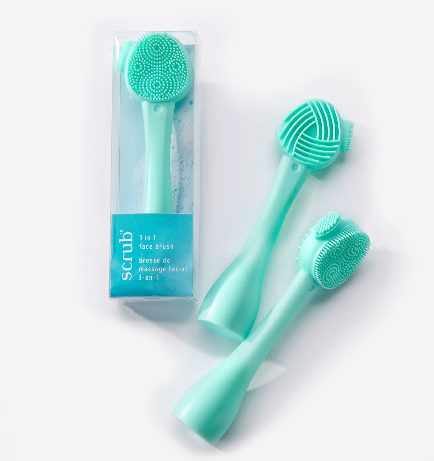 Three light green silicone 3-in-1 facial brushes with different textured cleaning surfaces.