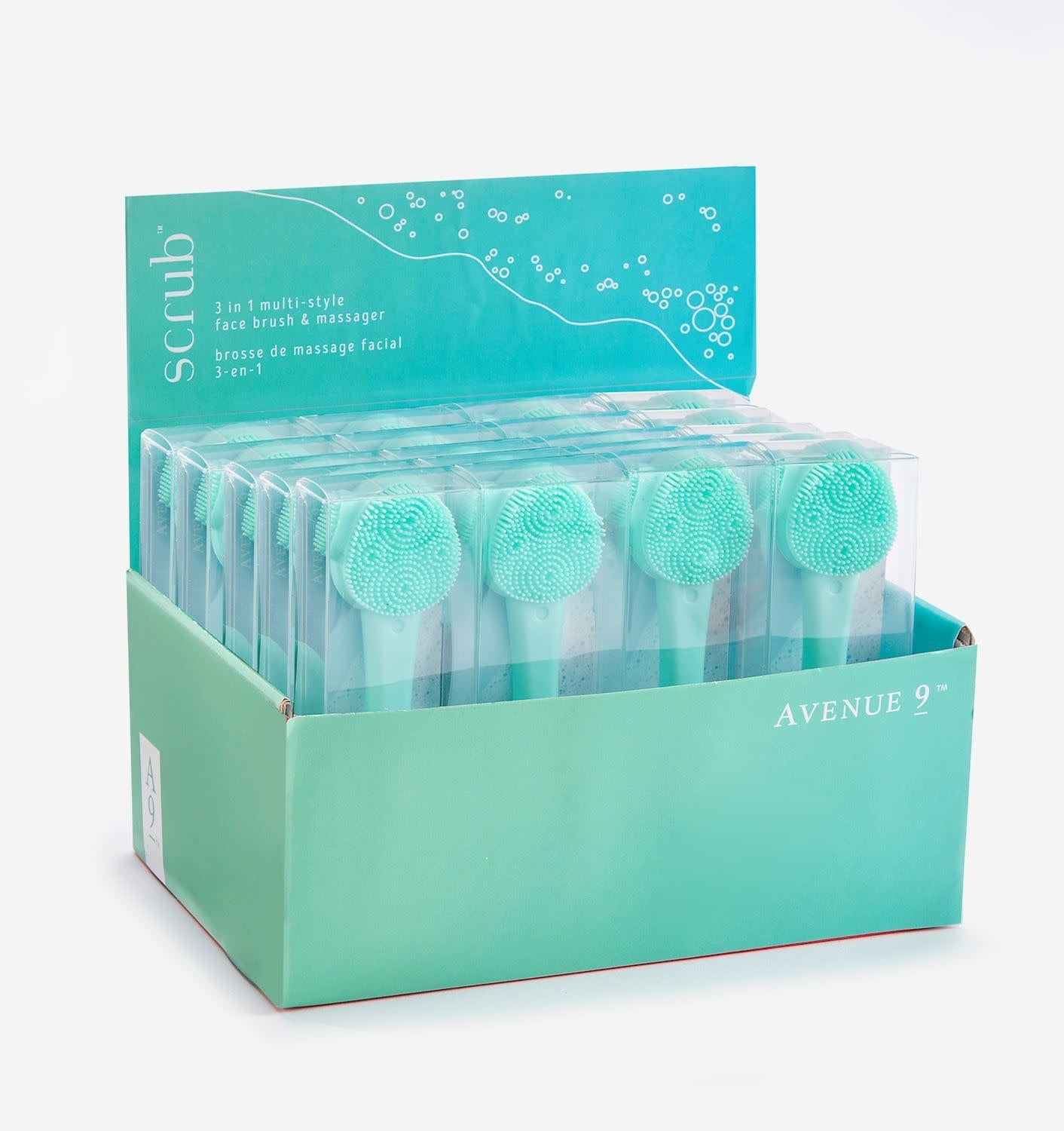 Display box of light green silicone 3-in-1 face brush and massager tools.