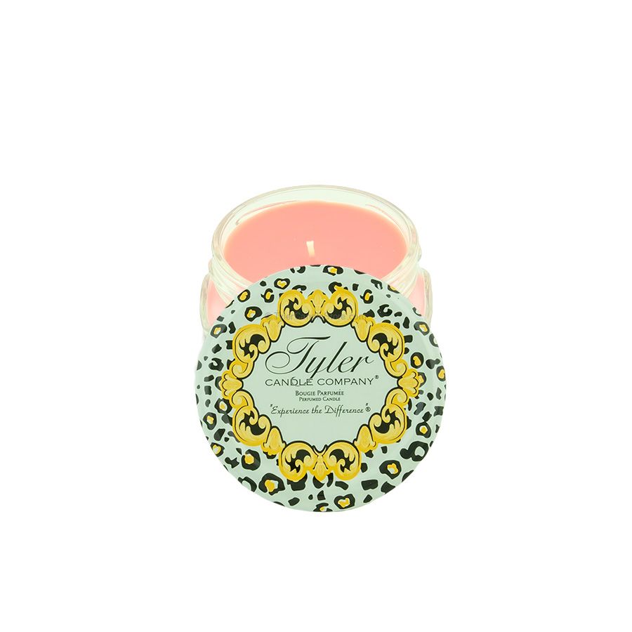 3.4oz Tyler Candle with a pink wax interior and a leopard print lid featuring gold scrollwork.