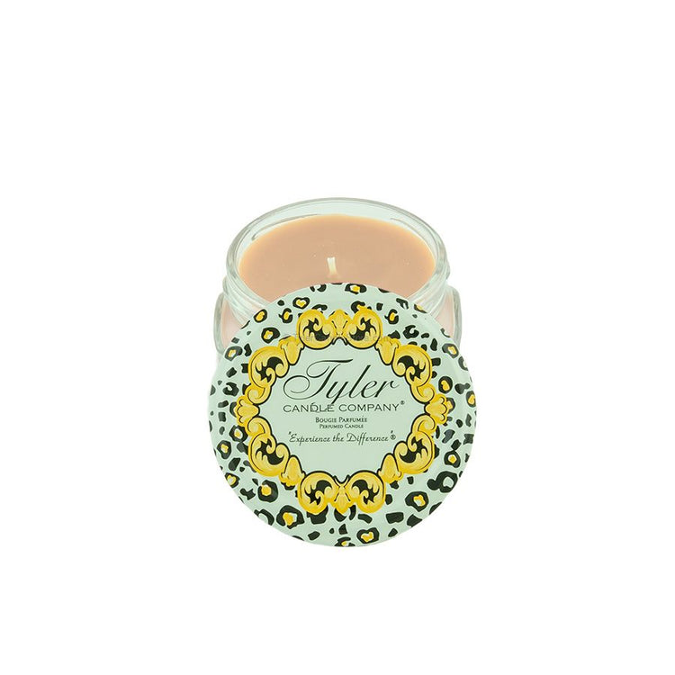 Tyler Candle Company 3.4oz candle with a leopard print lid and gold ornate border.
