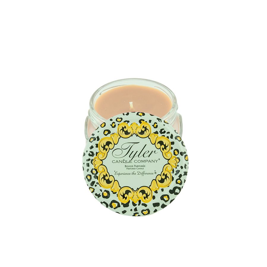 Tyler Candle Company 3.4oz candle with a leopard print lid and gold ornate border.