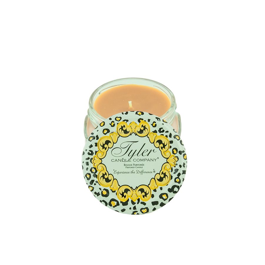 Tyler Candle Company 3.4oz scented candle with a leopard print lid and gold ornate frame design.