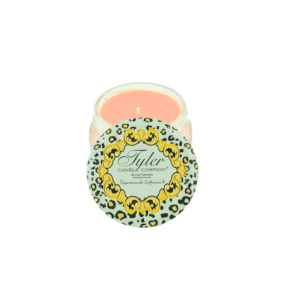 3.4oz Tyler Candle Company scented candle in a glass jar with a leopard print and gold lid.
