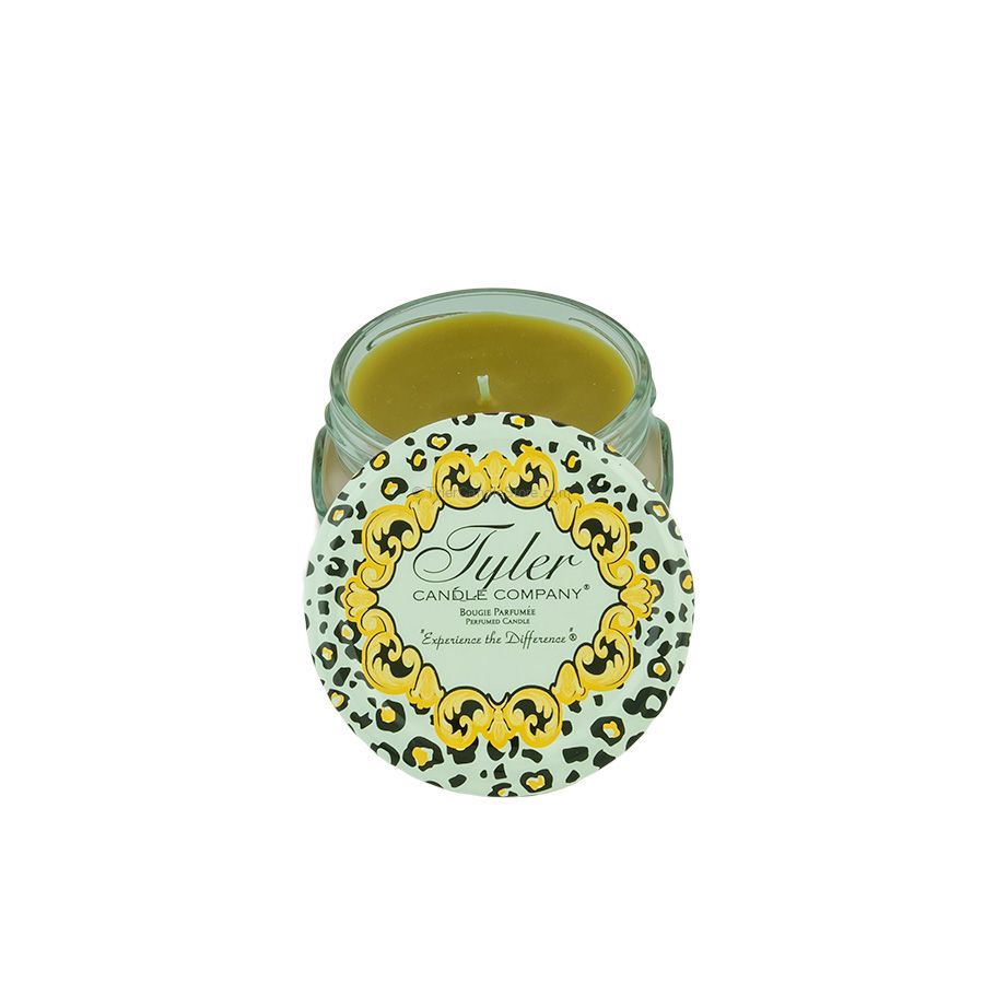 3.4oz Tyler Candle in a glass jar with a leopard print lid featuring a gold ornate border.