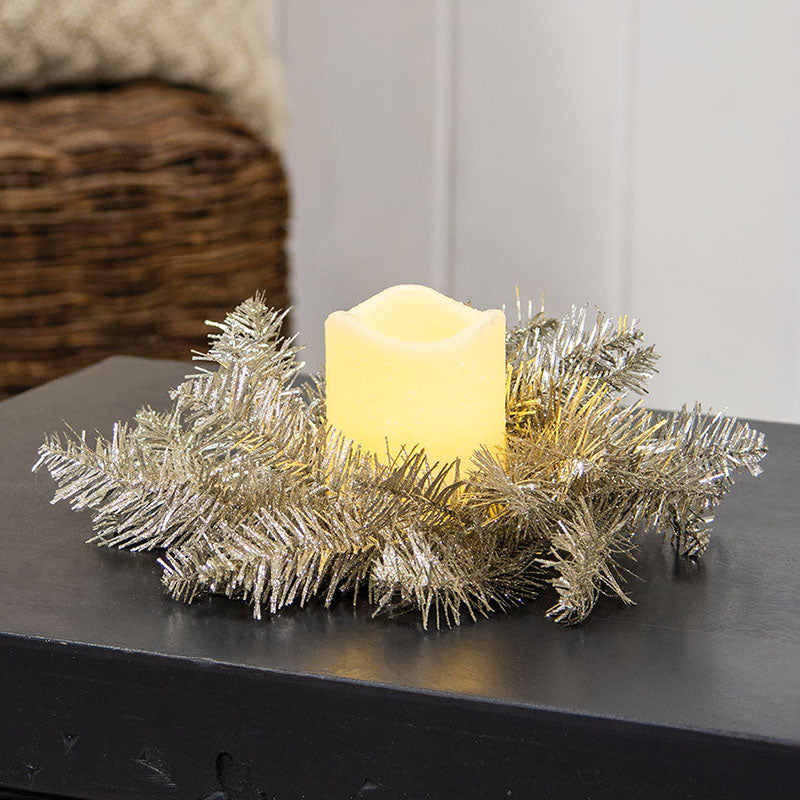 3.5-inch circular candle ring with metallic platinum finish featuring lush pine needle pattern.