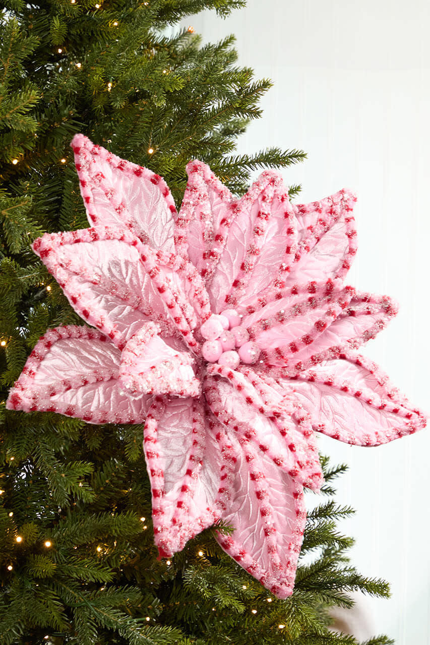 30-inch giant pink poinsettia stem with candy-cane striped edges and glittery accents.