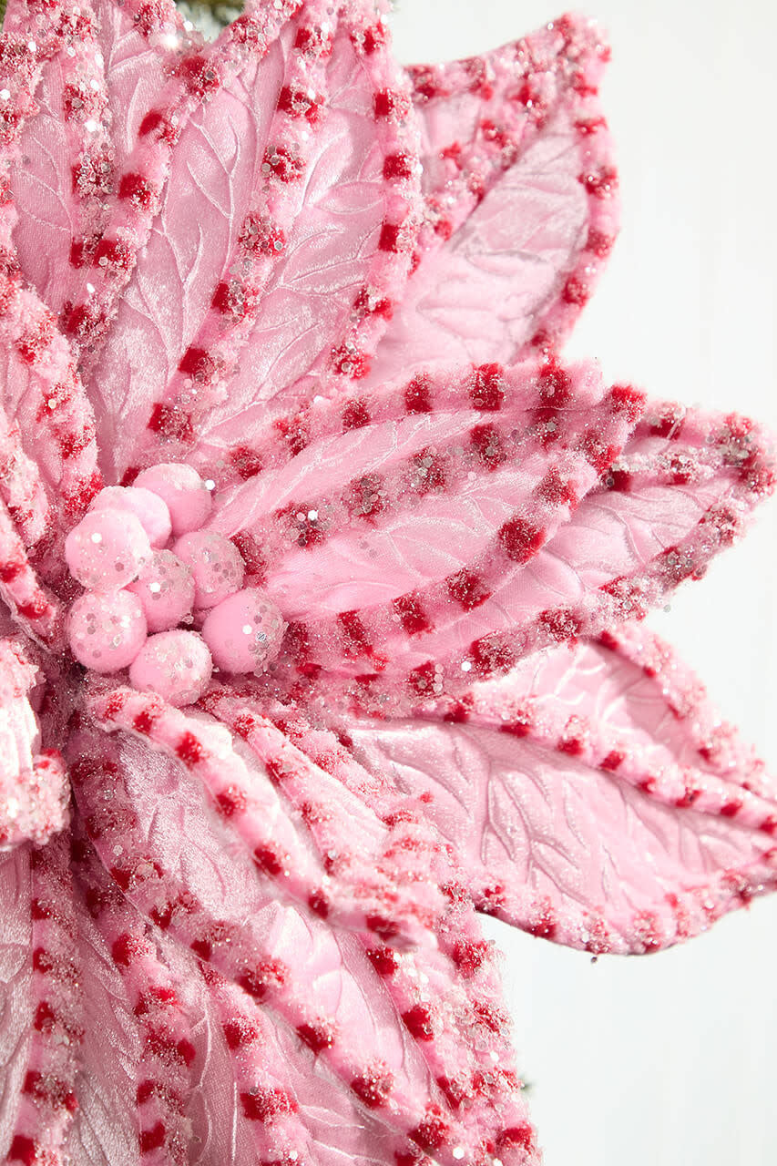 Pink poinsettia stem with red candy-striped edges and glittery accents.