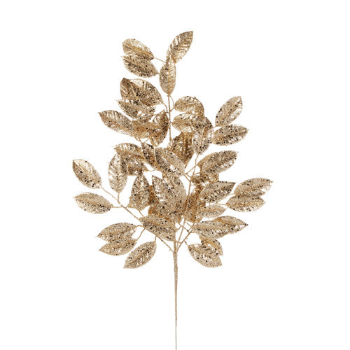 A 30-inch gold plastic leaf spray with a shimmering, glittery finish on a white background.