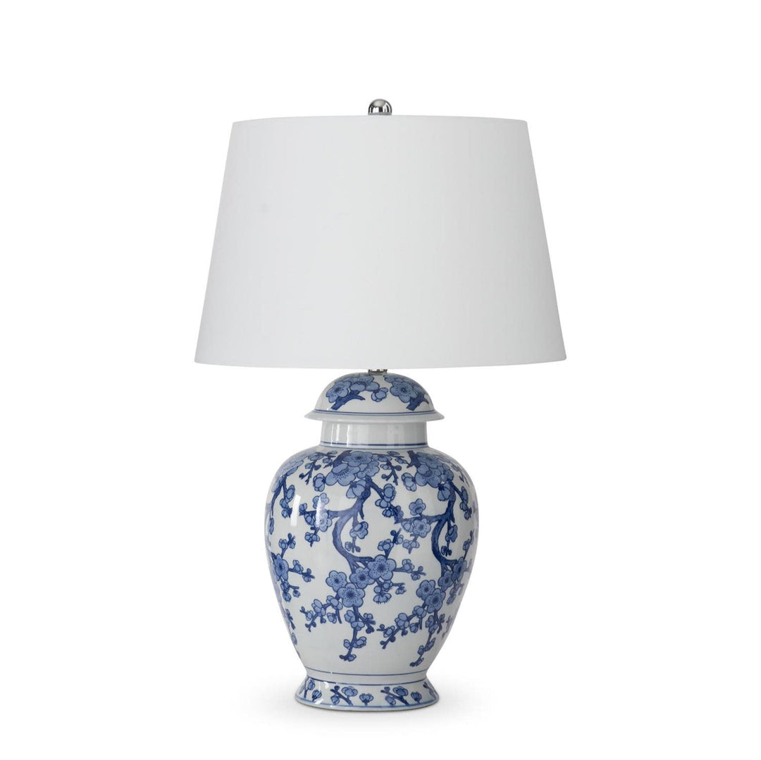 30-inch ceramic ginger jar lamp with blue and white floral pattern and a white drum shade.