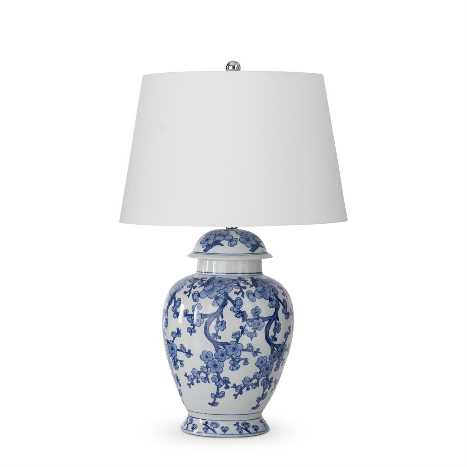 30-inch ceramic ginger jar lamp with blue and white floral pattern and a white drum shade.