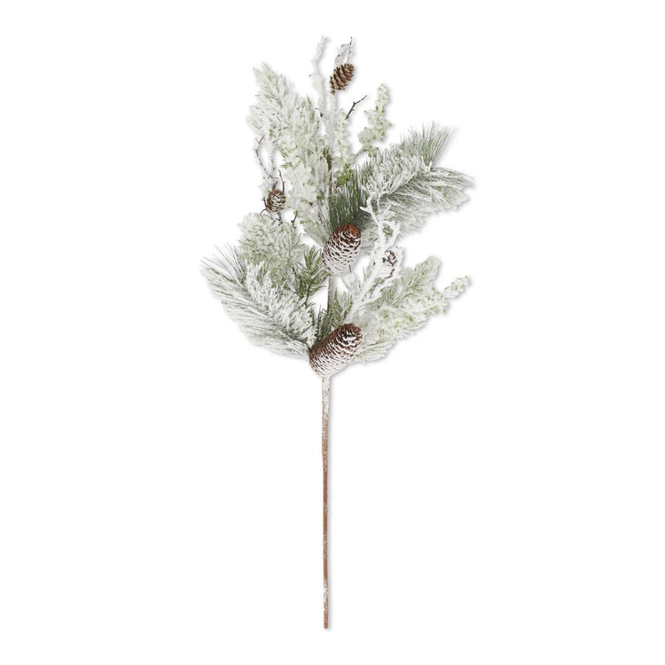 30-inch glittered and flocked pine stem featuring natural pinecones and evergreen branches.
