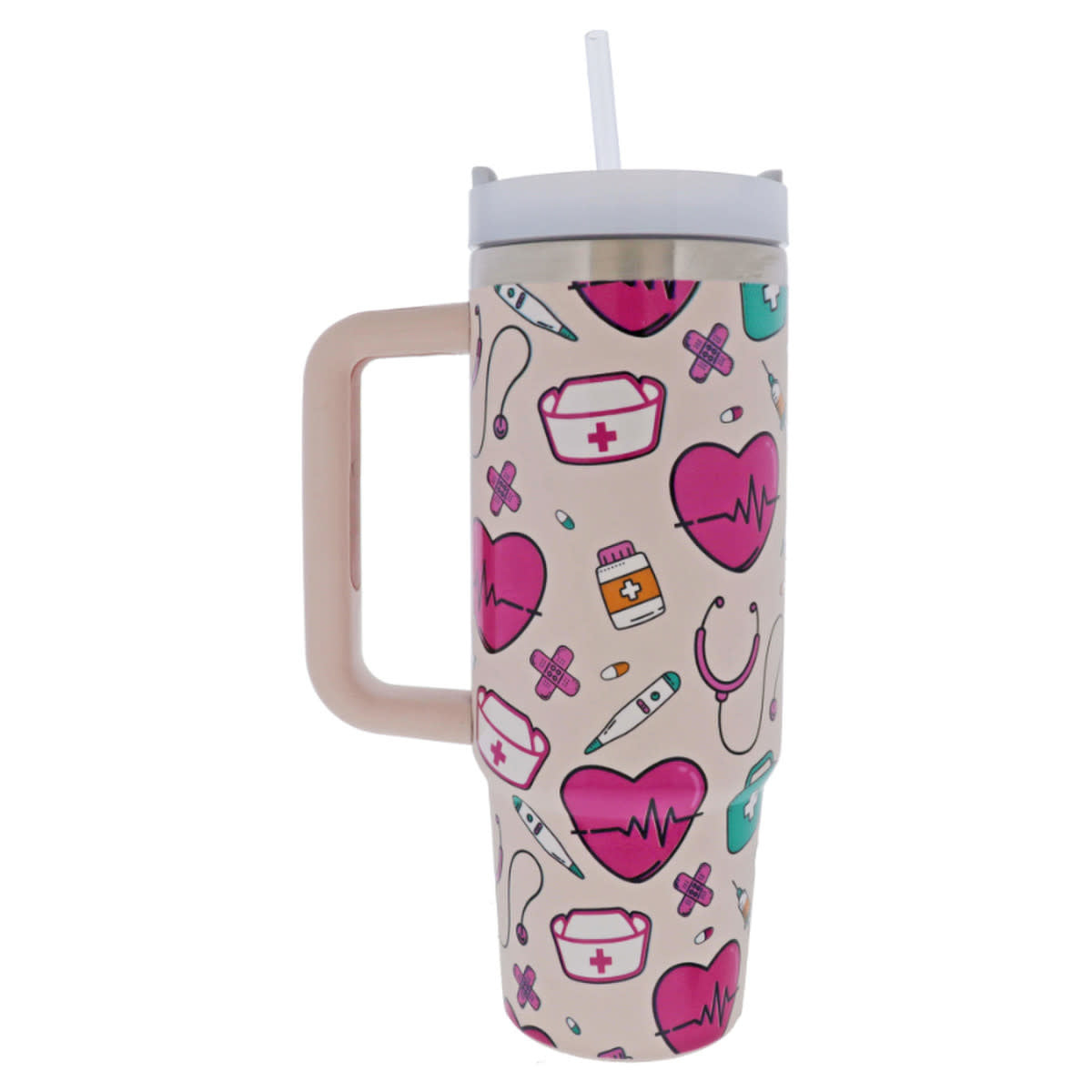 30 oz tumbler with handle and straw featuring a pink medical-themed pattern on a beige background.
