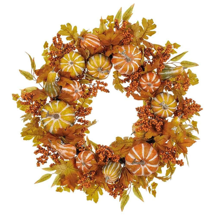 30-inch autumn wreath featuring orange and green pumpkins, berries, and maple leaves.
