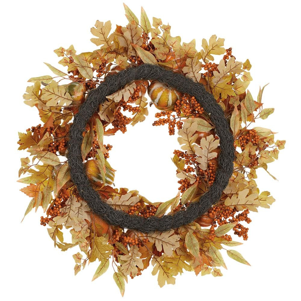 30-inch autumn wreath featuring orange and green pumpkins, berries, and maple leaves.