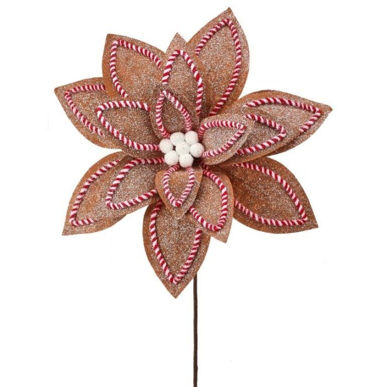 30-inch brown glittered poinsettia stem with red and white striped piping and white center berries.