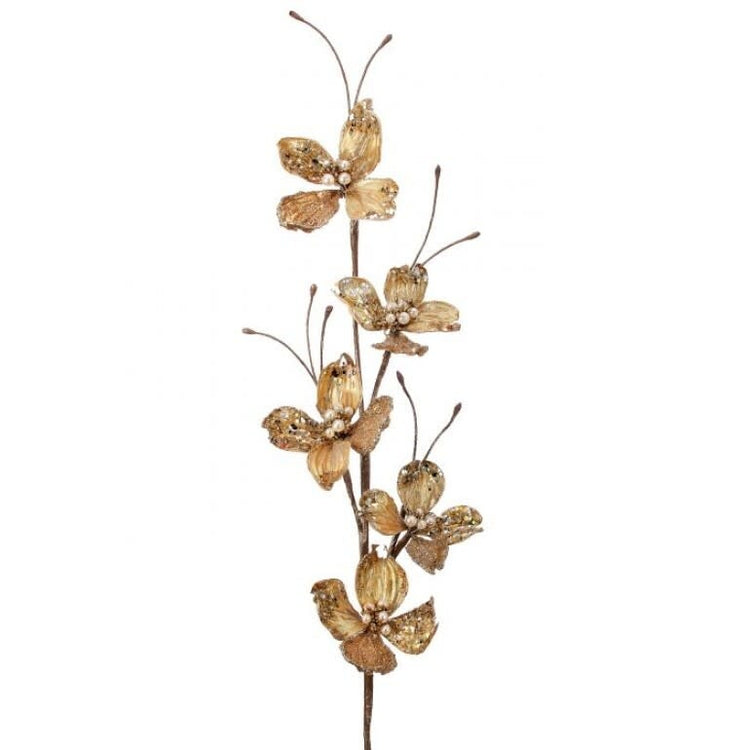 30-inch decorative floral spray featuring gold glittered dogwood blossoms with jewel accents.
