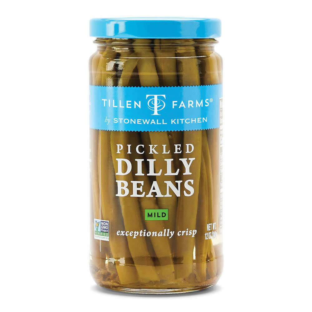 A 12oz glass jar of Tillen Farms Mild Dilly Beans featuring green beans in brine.
