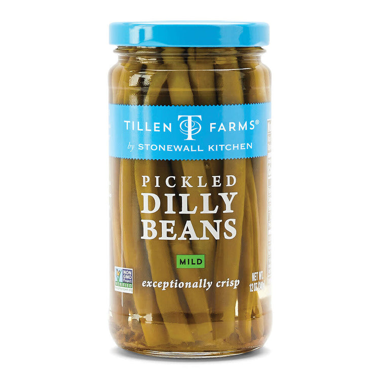 A 12oz glass jar of Tillen Farms Mild Dilly Beans featuring green beans in brine.