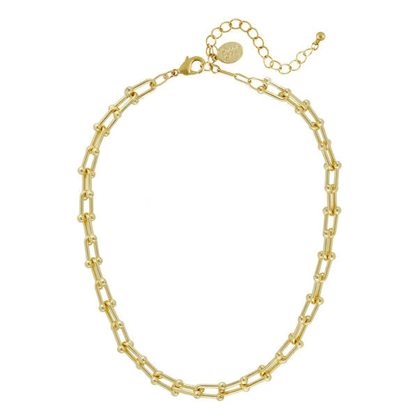 Triple-plated gold Jackie chain necklace with alternating link design on a model.