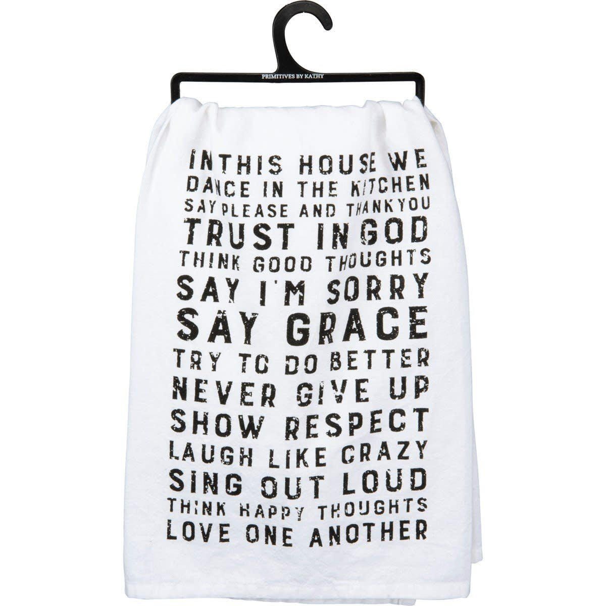 Black cotton kitchen towel with white text reading 'Remember As Far As Anyone Knows We Are A Nice & Normal Family'