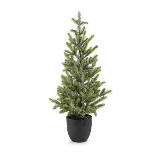 Green plastic potted fir tree with frosted finish on sand-colored base
