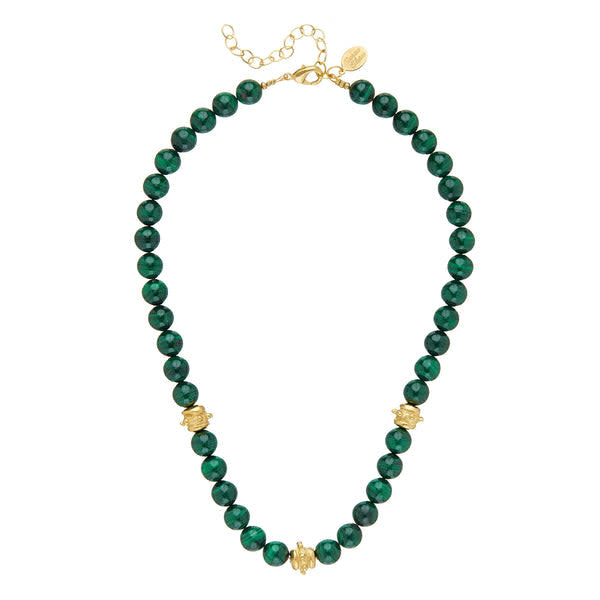 Hand-strung genuine stone beads in varied hues with gold Bentley accents on a 16-inch necklace chain.