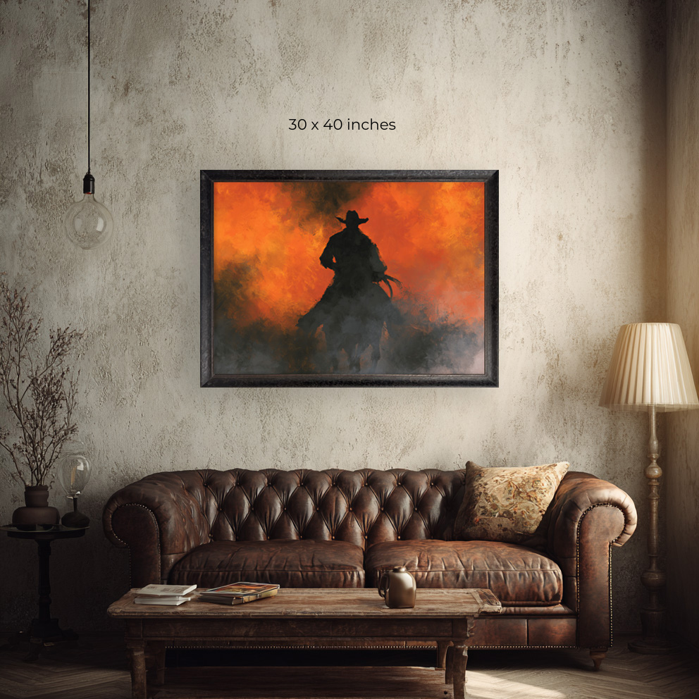 OSU Cowboys lifestyle print featuring a silhouetted rider on a horse against an orange sunset.