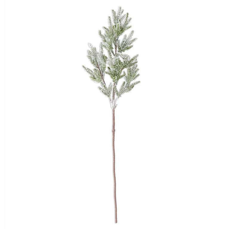 31-inch artificial Norfolk pine stem with green needles, white flocking, and glitter accents.