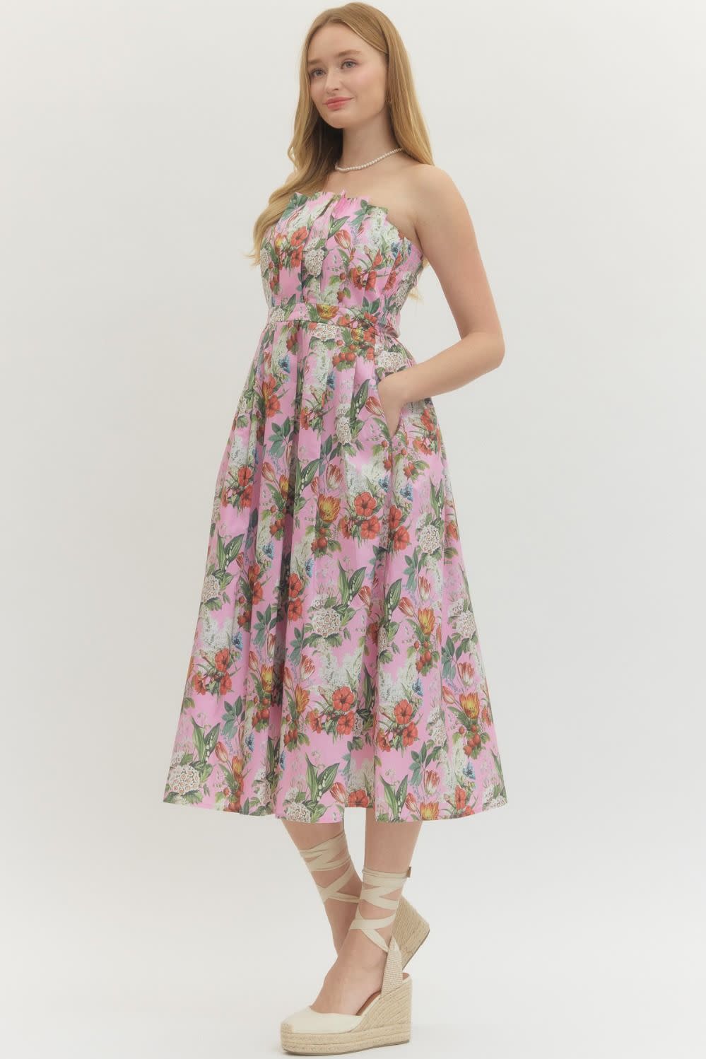 Aaliyah Floral Print Strapless Midi Dress