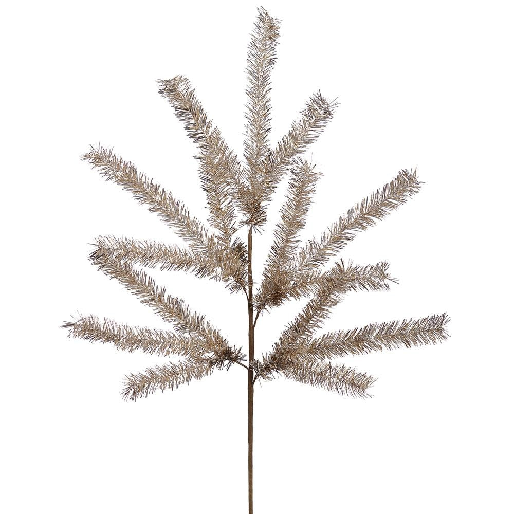 31.5-inch champagne-colored tinsel spray made of PVC and iron with a festive, spiky silhouette.