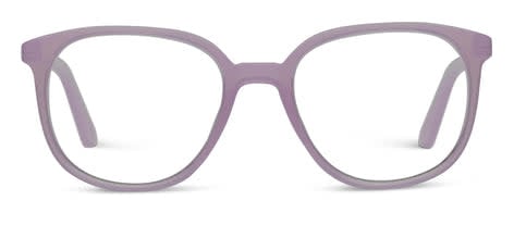 Lavender polycarbonate eyeglasses with thin round frames featuring blue light filtering lenses and spring hinges.