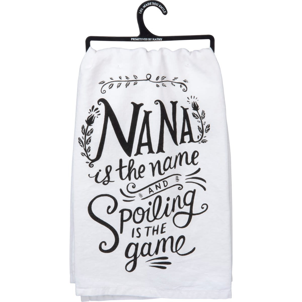 Black cotton kitchen towel with white text reading Remember As Far As Anyone Knows We Are A Nice & Normal Family