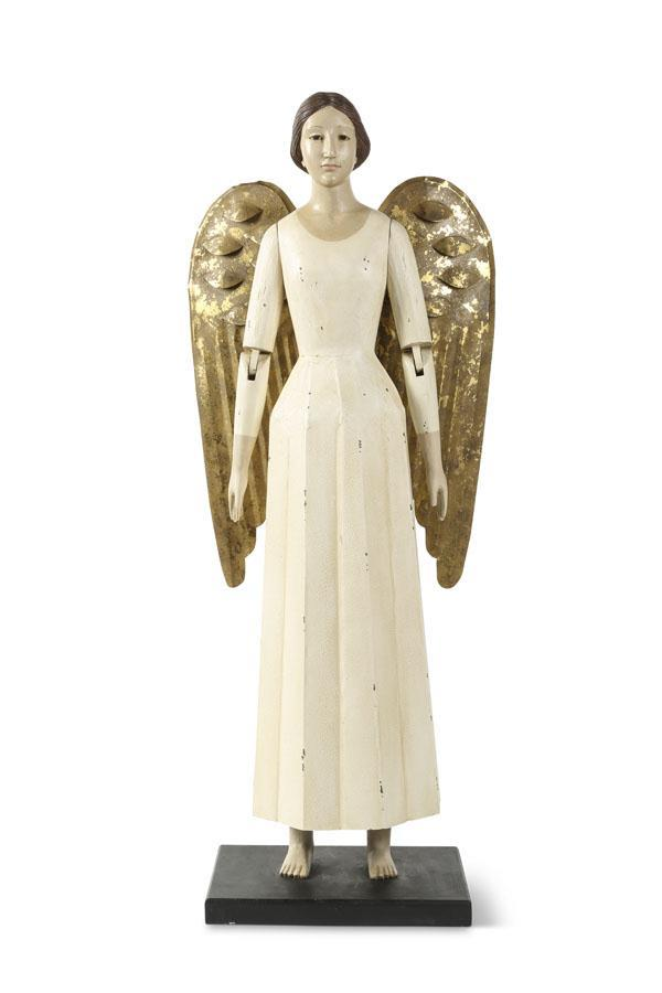 31-inch wooden cream angel statue with articulated arms and shimmering gold tin wings.