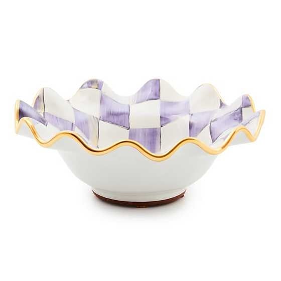 Plum check ceramic fluted breakfast bowl with a rounded silhouette.