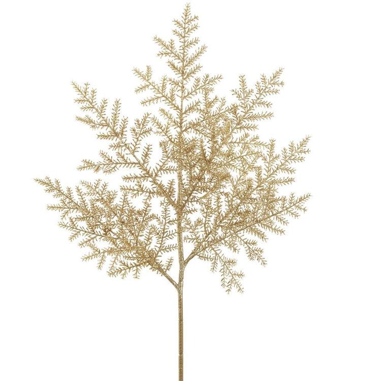 31-inch gold glittered pine spray made of plastic and metal with a festive needle-like silhouette.