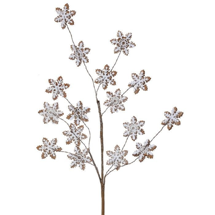 32-inch gingerbread brown decorative spray featuring multiple white-accented snowflake ornaments.