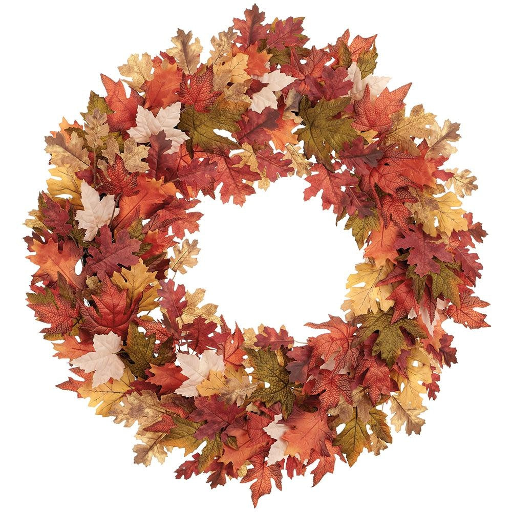 32-inch autumn wreath featuring a mix of brown and green fabric maple and oak leaves.