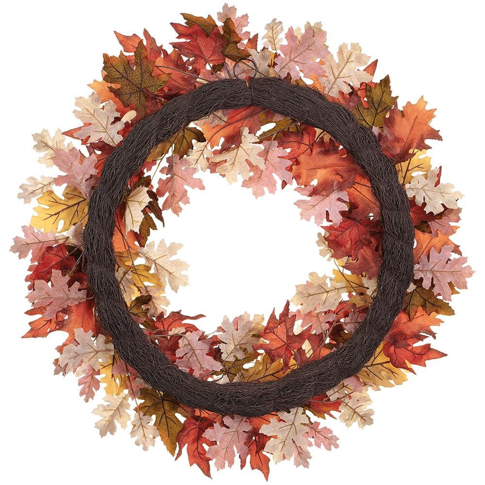 32-inch fall wreath featuring fabric and plastic maple and oak leaves in brown and green tones.