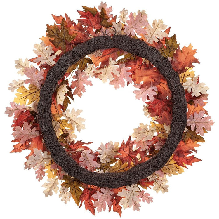 32-inch fall wreath featuring fabric and plastic maple and oak leaves in brown and green tones.