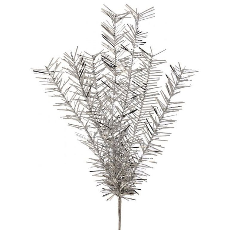 A 32-inch silver retro tinsel spray with a spiky, branch-like silhouette for holiday decor.